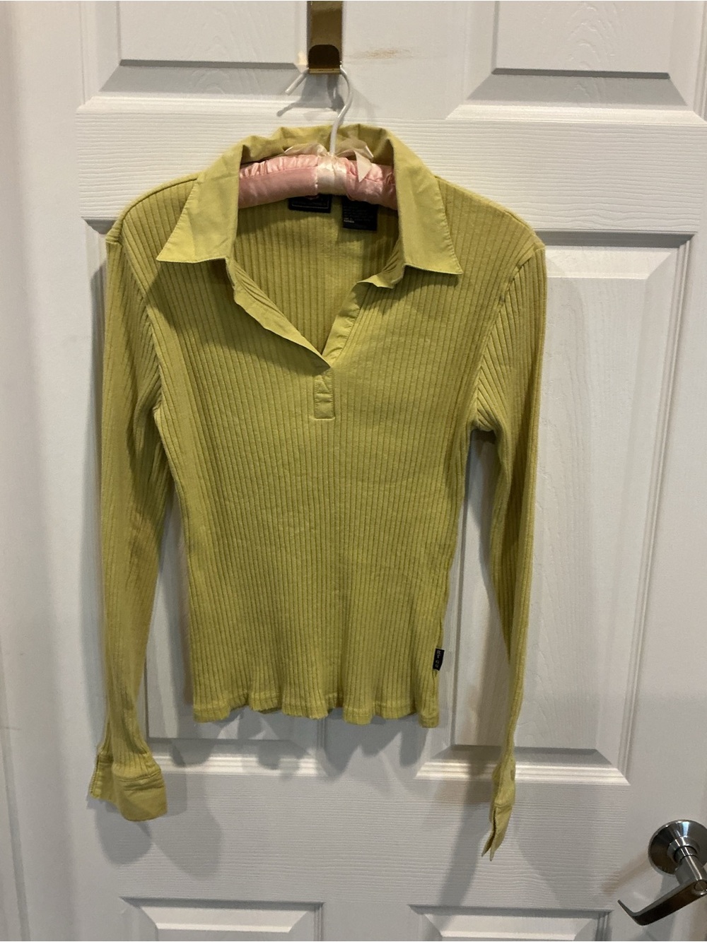 Route 66 Ribbed Collared Long Sleeve Top - Chartreuse